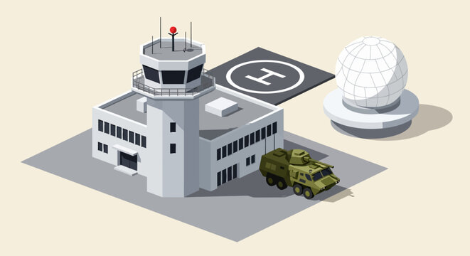 Military airport control tower with helicopter pad, armored vehicle, and radar dome