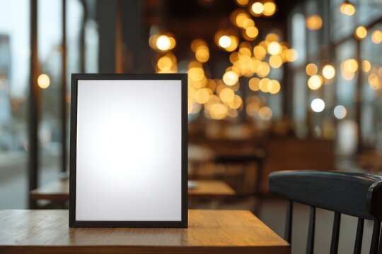 Blank white frame mockup on a wooden table in a cafe. Blurred restaurant interior background with warm bokeh lights, copy space