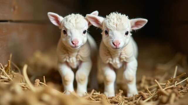 Video Two young lambs standing in a pile of fresh hay