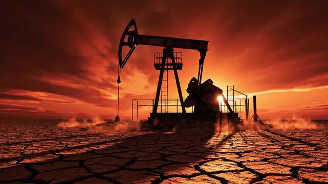 Oil Pumpjack Silhouette in Cracked Desert Under Red Sunset Sky