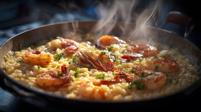 Stunning view of Amalfi Coast unfolds delectable Risotto alla Pescatora rise pot delicate seafood Arborio rice symphony of flavor aroma clean professional stock photo sharp macro photography style