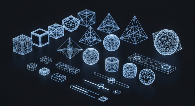Futuristic Holographic Display of Geometric Shapes and Technological Gadgets.