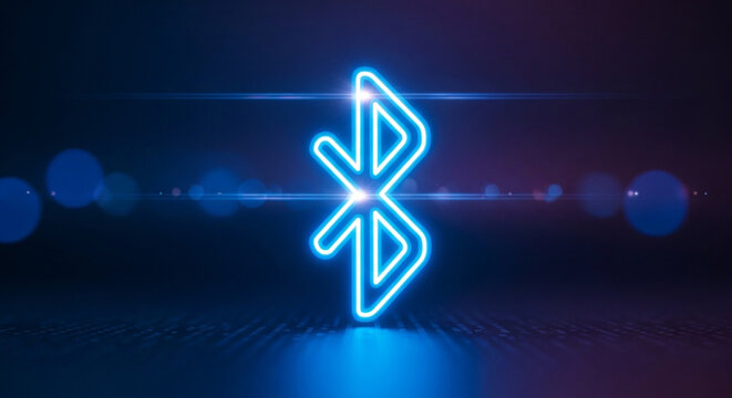Glowing blue bluetooth symbol with neon light effect on dark background with bokeh
