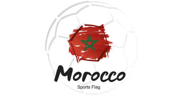 Abstract soccer ball sport icon label banner with Morocco national flag ribbon handwritten typography lettering