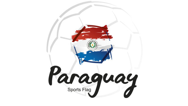 Abstract soccer ball sport icon label banner with Paraguay national flag ribbon handwritten typography lettering