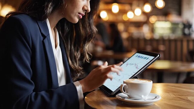 Focused woman reviewing tax season data on a tablet in a warm cafe, a candid shot emphasizing professional dedication.