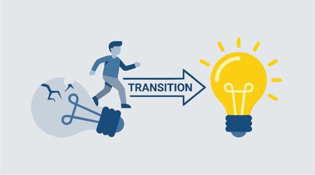 Businessman walking on a light bulb symbolizing innovation and transition from old ideas to new creative solutions, illustrating growth and progress