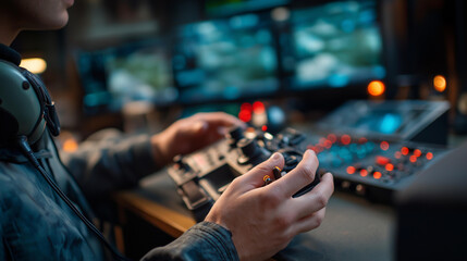 Naklejka premium Close up of hands wearing a headset operating a drone strike control console with multiple screens showing aerial surveillance feeds and mission status indicators one hand on