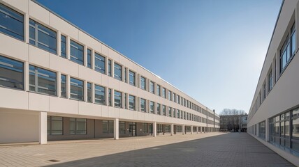 Fototapeta premium A large, modern office building with many windows under a clear blue sky
