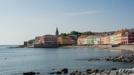 Obraz premium A picturesque coastal town with colorful buildings and calm waters