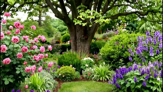 Vibrant Garden Scene with Tree and Flowers.
