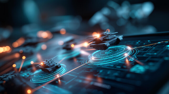 Close up of a futuristic dark command interface screen displaying glowing holographic icons of missiles drones radar dishes and armored vehicles arranged in a tactical grid