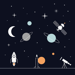 Fototapeta premium Space Exploration: Rocket, Satellite, Telescope, Planets, Moon, Stars