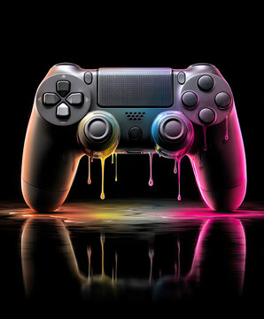 Surreal deformed gaming controller dripping with iridescent liquid, absurd melting tech