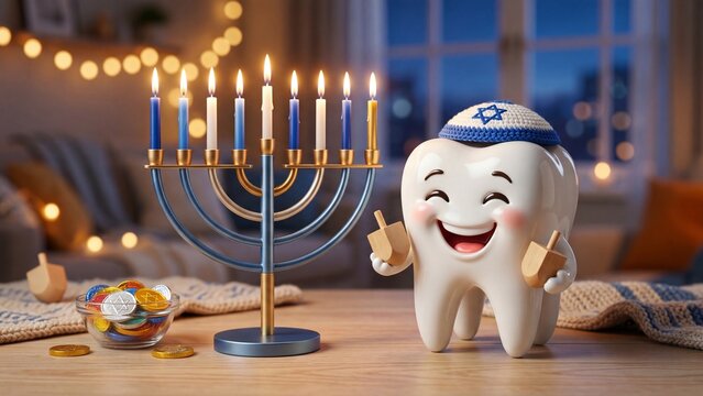 Happy cartoon tooth character holding dreidels next to lit Hanukkah menorah and chocolate coins. Fun dental health celebration during Jewish festival of lights. Oral care awareness and festive joy