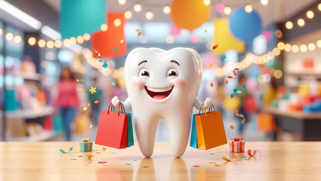 Cartoon happy tooth character holding red and orange shopping bags with small gifts. Festive store interior with balloons and confetti in background. Fun dental health promotion during holiday sales