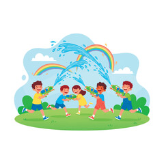 Naklejka premium Happy diverse children playing with water guns outdoors under a rainbow. Fun summer activity, backyard water fight, and childhood joy concept. Flat vector illustration of kids having summer fun.