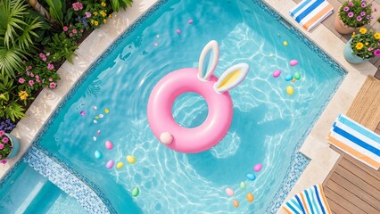 Fototapeta premium Inflatable pink bunny float in blue swimming pool with colorful Easter eggs. Poolside easter holiday setup surrounded by plants and towels. Summer fun and relaxation concept