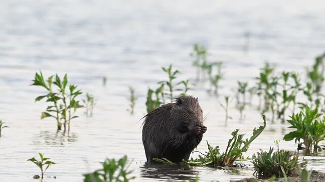 Coypu (Myocastor coypus) grooming and cleaning its fur in natural habitat. Slow motion wildlife footage capturing self-care behavior of a semi-aquatic mammal in peaceful outdoor environment near water
