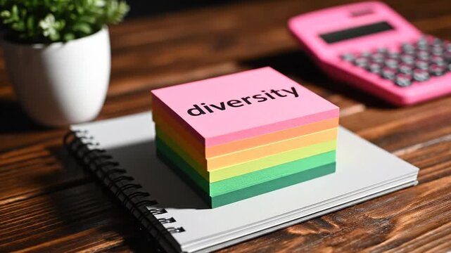 A colorful stack of sticky notes with diversity written on top notebook and calculator on wooden desk