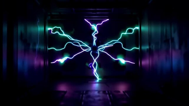 Electric arcs strike in a dark laboratory with purple and blue lights flashing across metal electrodes, creating a high-energy atmosphere
