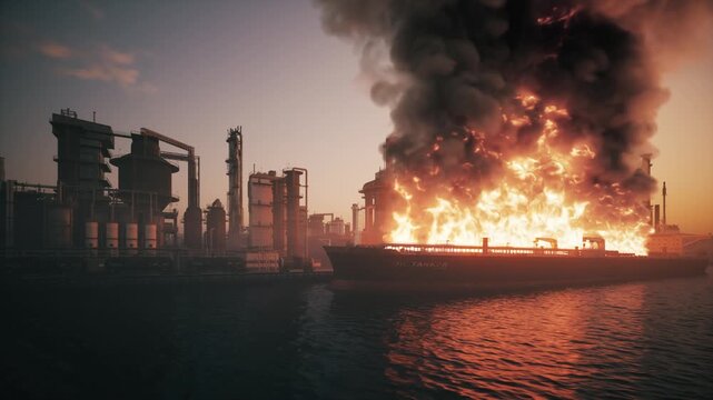 Massive Oil Tanker Explosion at Refinery Port &ndash; Industrial Fire and Maritime Disaster