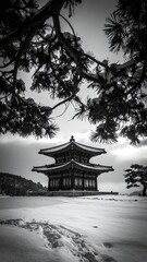 Obraz premium Majestic Korean Bell Tower in Winter: A Captivating Monochromatic Landscape