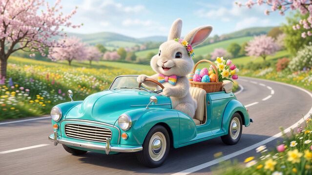Fluffy white bunny driving vintage car with easter basket and eggs. Spring countryside road adventure. Joyful easter holiday celebration concept