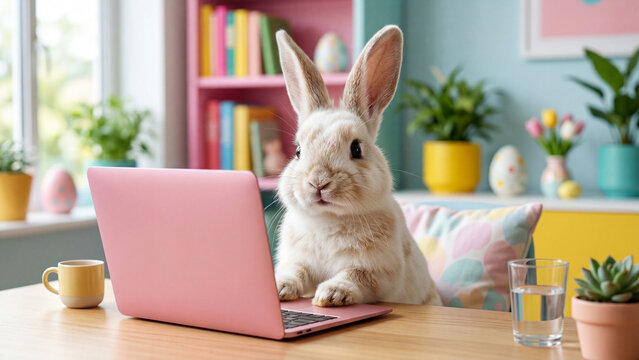 Adorable white rabbit using pink laptop at wooden desk in pastel home office. Bunny working on computer with easter eggs tulips plants and coffee mug for spring holiday themes