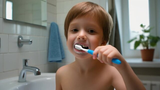 Young boy brushing teeth with toothbrush in bathroom, morning routine, kid's oral hygiene, indoor scene