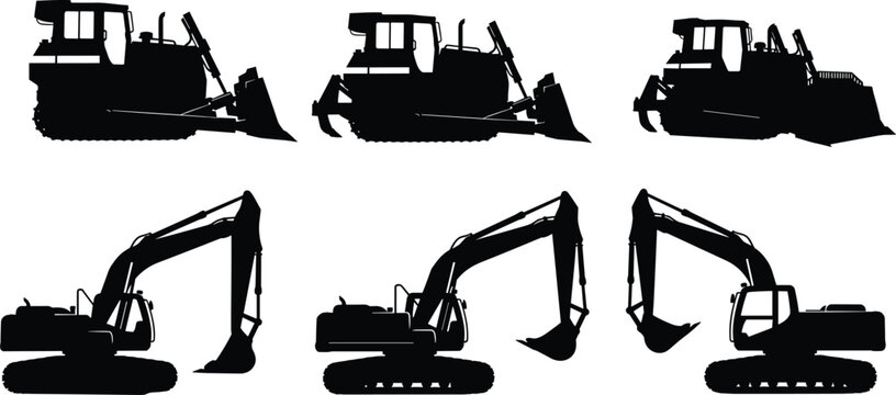 Black Excavator and Bulldozer Silhouette Set, Heavy Construction Machinery Vector, Industrial Digging Equipment Icons, Earthmoving Vehicles Collection, Isolated Construction Graphics