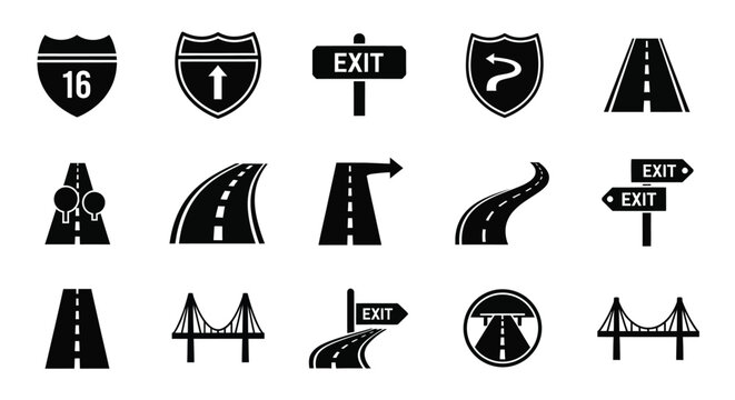 Collection of black road signs and highway elements a graphic silhouette