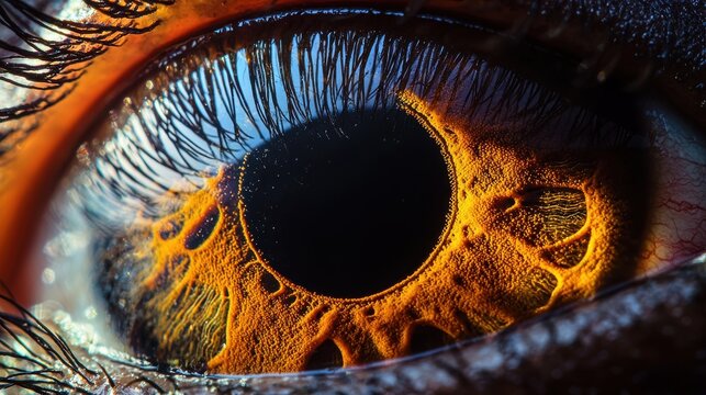 Pupil dilation macro extreme closeup blue eye vibrant orange iris detailed eyelash photography corneal reflection patterns fiber visibility