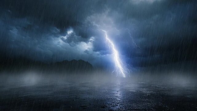A dramatic lightning storm strikes a dark and wet landscape with heavy rain and foggy mountains in the background, possibly used for a thriller movie or weather-related content