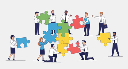 Fototapeta premium Diverse business team assembling a colorful jigsaw puzzle, symbolizing teamwork and collaboration