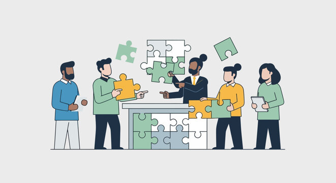 Diverse team assembling a complex puzzle, symbolizing collaboration, problem-solving, and teamwork.