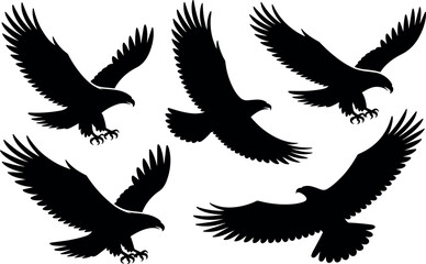 Fototapeta premium Flock of black eagles flying in formation against white background minimalist vector illustration