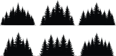 Black silhouette illustration of six coniferous tree clusters arranged in rows, showcasing diverse forest outlines, nature-inspired design elements, and decorative woodland graphics for creative use © MdFaruk