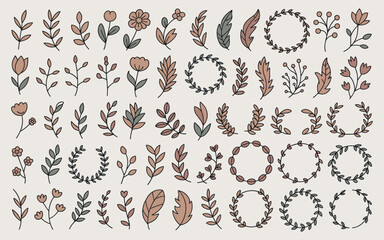 Fototapeta premium Hand drawn botanical wreath collection with leaves flowers and berries seamless vector illustration set