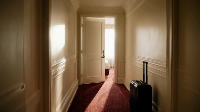 Elegant hotel hallway with a suitcase and an open door revealing a bedroom. Luxury travel accommodation