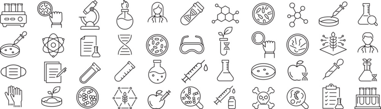 ベクターでモノクロの研究所に関する線画アイコンセット
