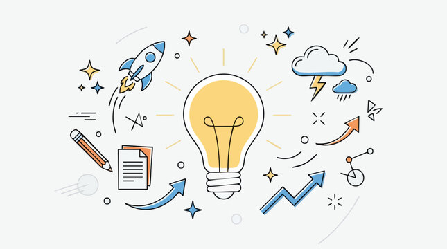 Creative mind map with a glowing light bulb surrounded by work tools, charts, and clouds illustrating innovation, ideas, and business growth