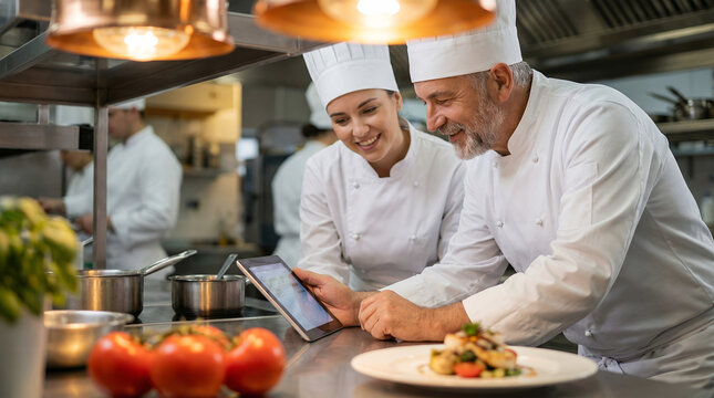 Senior male chef and female trainee reviewing a recipe on a digital tablet in a professional restaurant kitchen with warm cinematic lighting.
