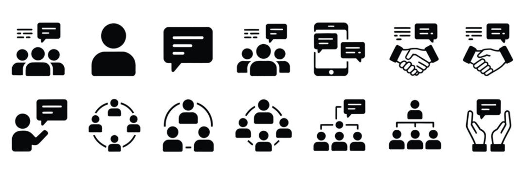 Opinion and insight vector icon set featuring group of people, discussion, comment, dialogue, communication, and advice for teamwork, collaboration, brainstorming, and social interaction illustration