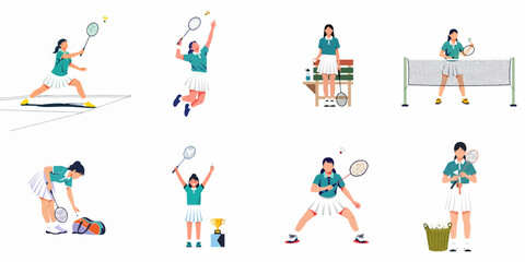 Fototapeta premium Set of flat vector illustrations featuring women participating in various badminton activities including playing matches, serving, and celebrating victory.