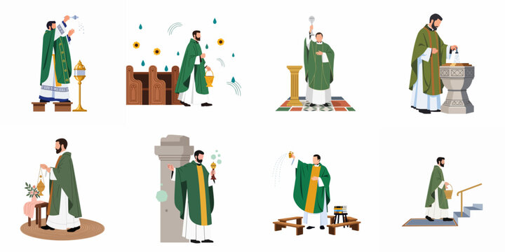 Flat vector illustrations of a Catholic priest performing various religious liturgical rituals including blessings, incense ceremonies, and the celebration of Holy Mass.