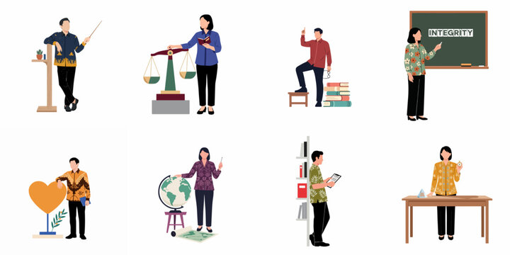 Diverse Set of Indonesian Teachers and Professionals in Traditional Batik Outfits Illustrating Various Educational Subjects and Ethical Values