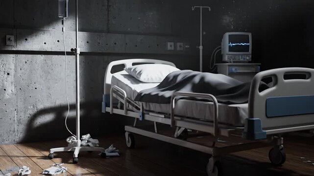 An abandoned hospital bed sits in a dark room with scattered medical equipment.