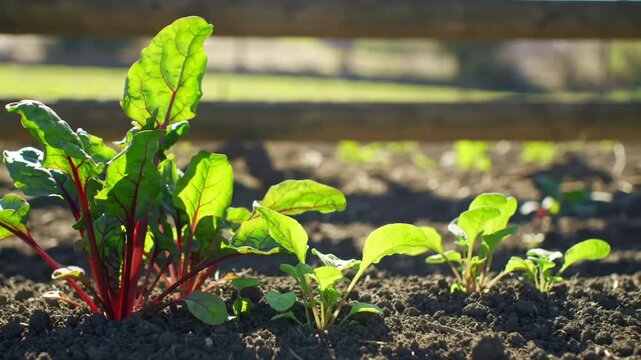 Young green leafy plants with red stems grow in dark soil.