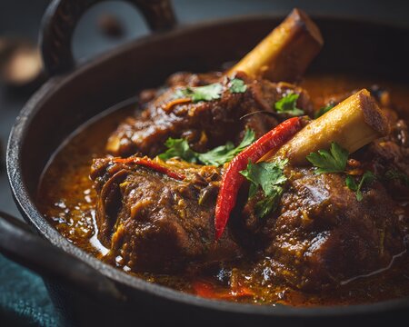 Savory Indian curry infused warm cardamom tender meat of slow cooked British lamb shank richly spiced aromatic cumin coriander clean professional stock photo sharp macro photography style cinematic